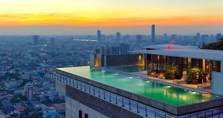 A rooftop pool with a city in the background